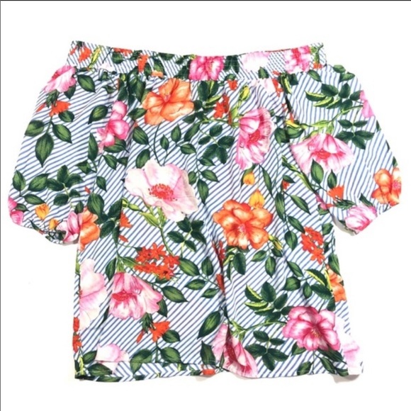 SOLD Harlow & Rose Blue Striped Floral Shoulder Top - Picture 8 of 11